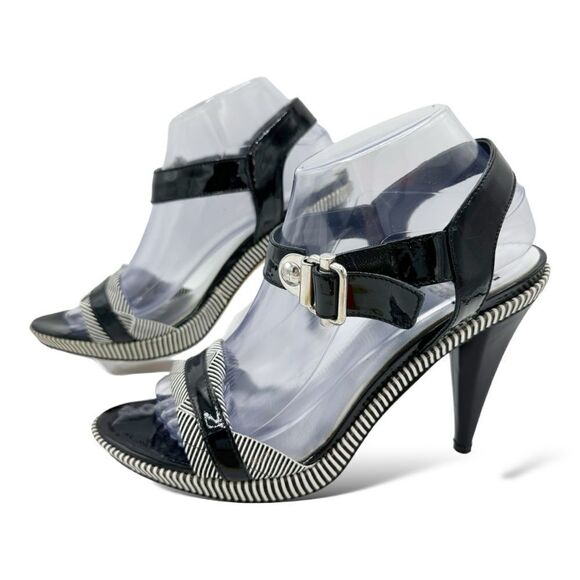 Gianfranco Ferre Black/White Striped Patent‎ Leather Heeled Sandals Sz 40 - Picture 2 of 16